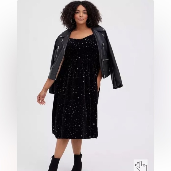 Torrid Black Stretch Knit Velvet Silver Star Print Midi Dress 00 M/L - Picture 2 of 10